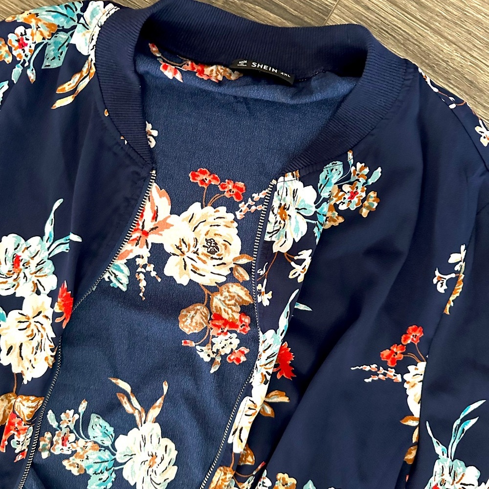 Shein Navy Floral Bomber Jacket - Picture 2 of 2